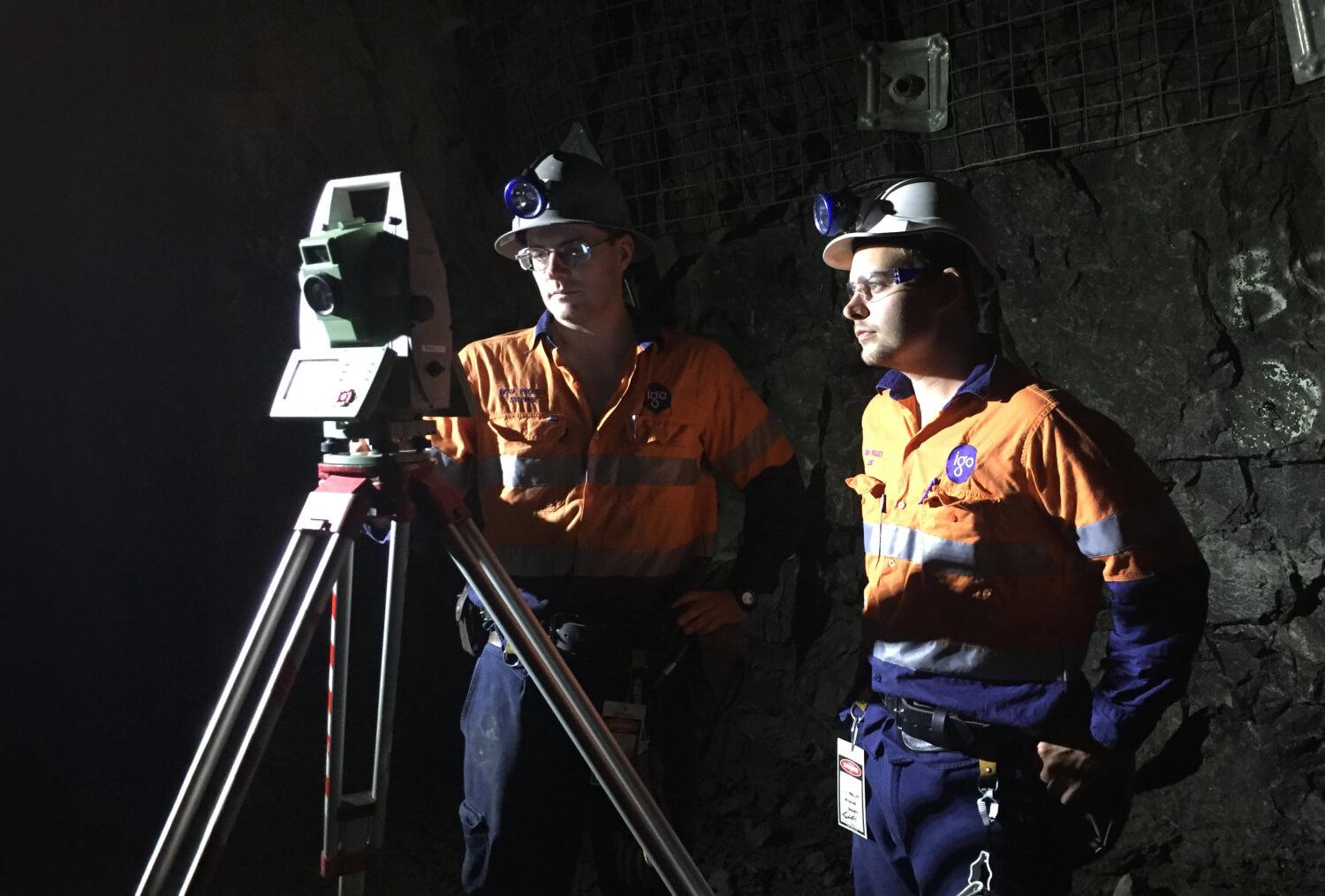 Survey Mining Staff Looking Through Equipment Underground